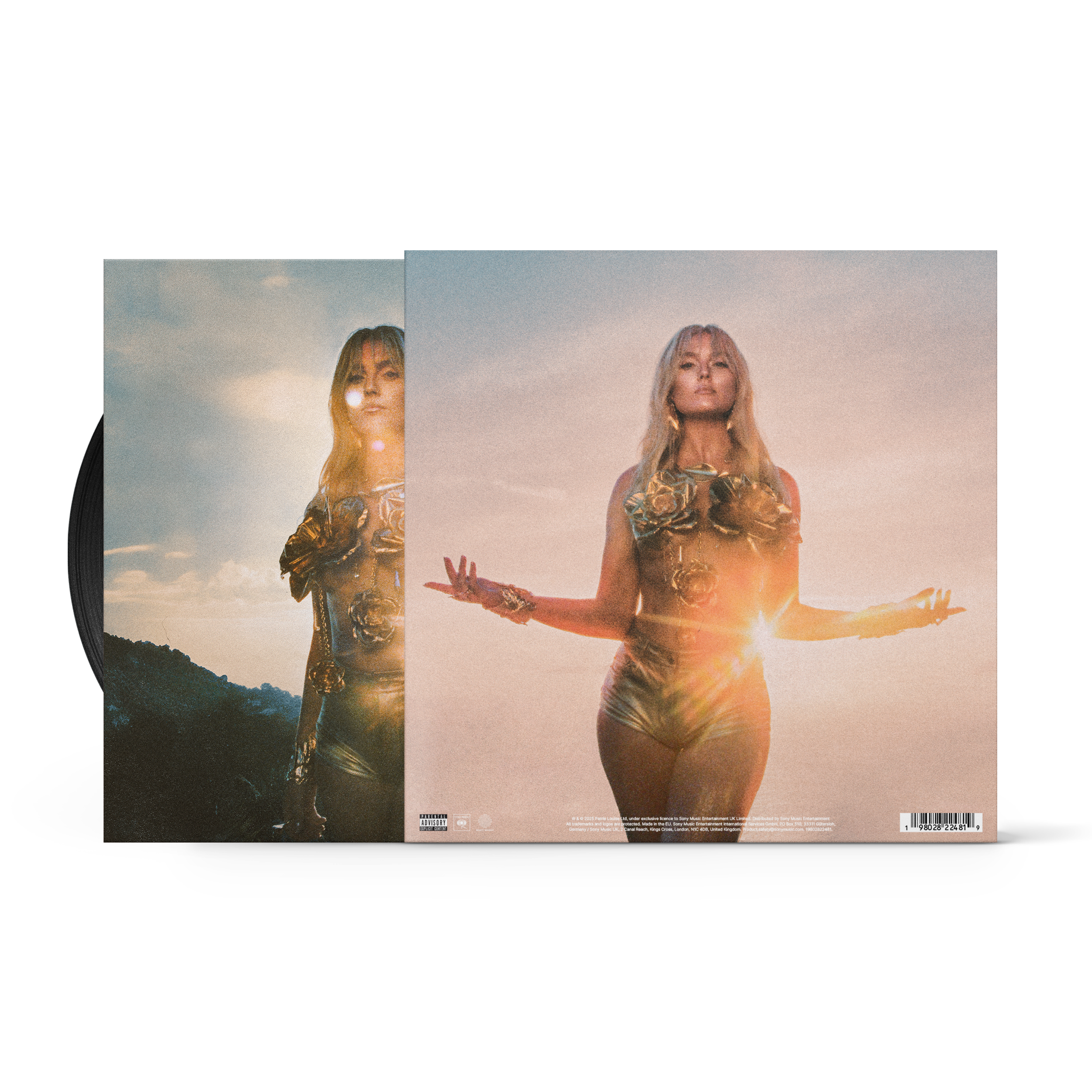Image of Back view of the PERRIE standard vinyl, showing the album’s back cover with the insert and vinyl partially sliding out of the sleeve.